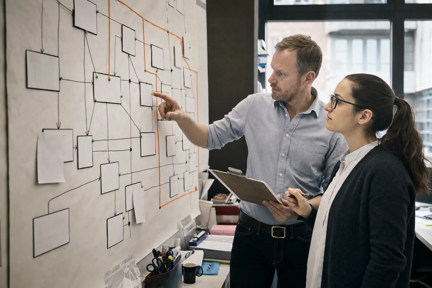 A process map showing steps, decisions and handovers for a business software workflow