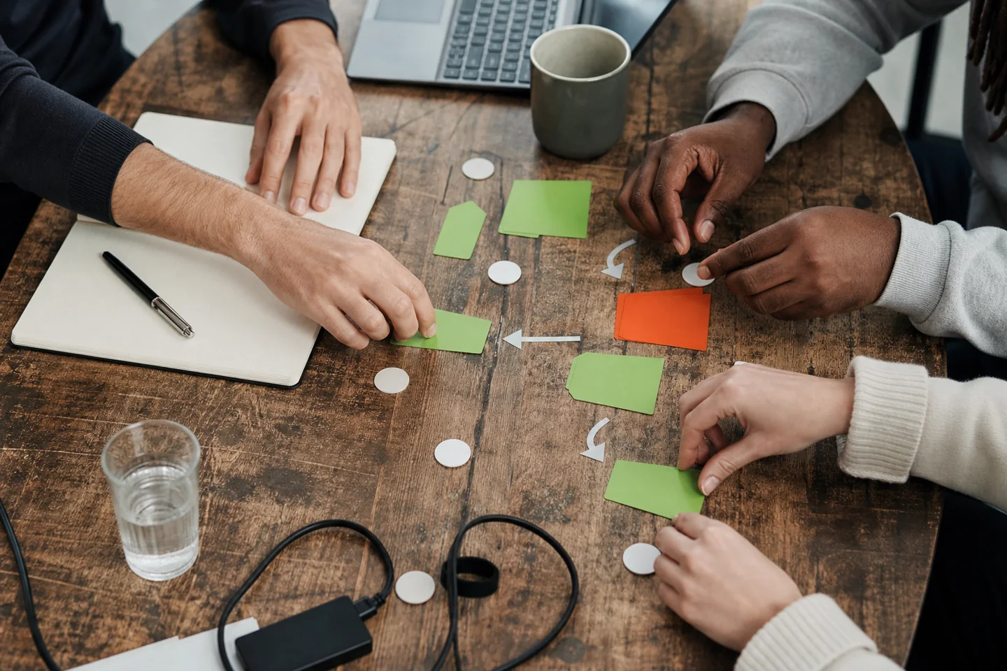 A business owner and developer sorting workflow notes during a software specification workshop