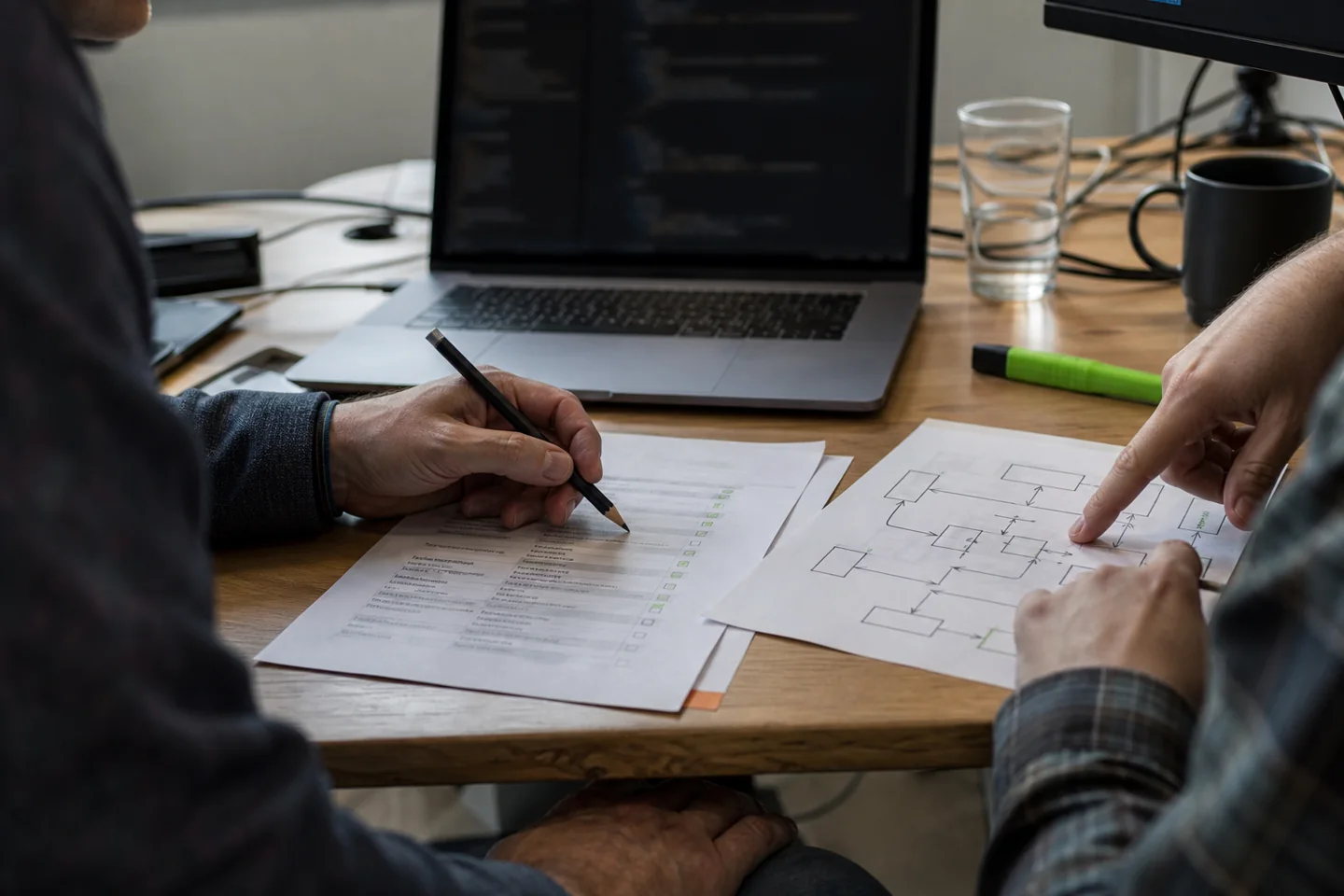 Software developer and product owner reviewing AI-assisted code together