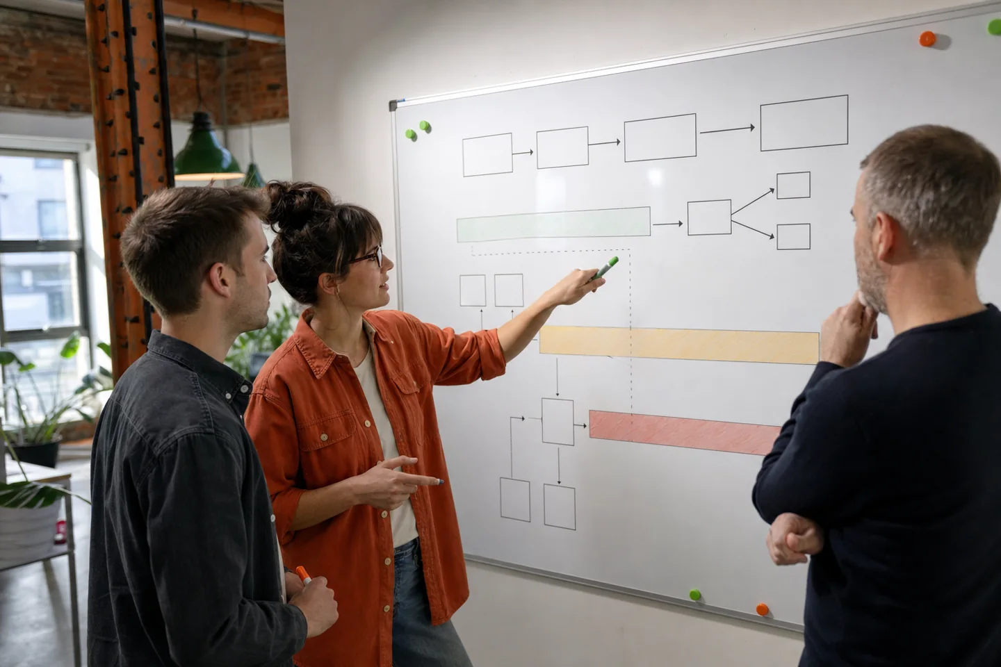 Business owner and software developer mapping risk and human checks on a whiteboard