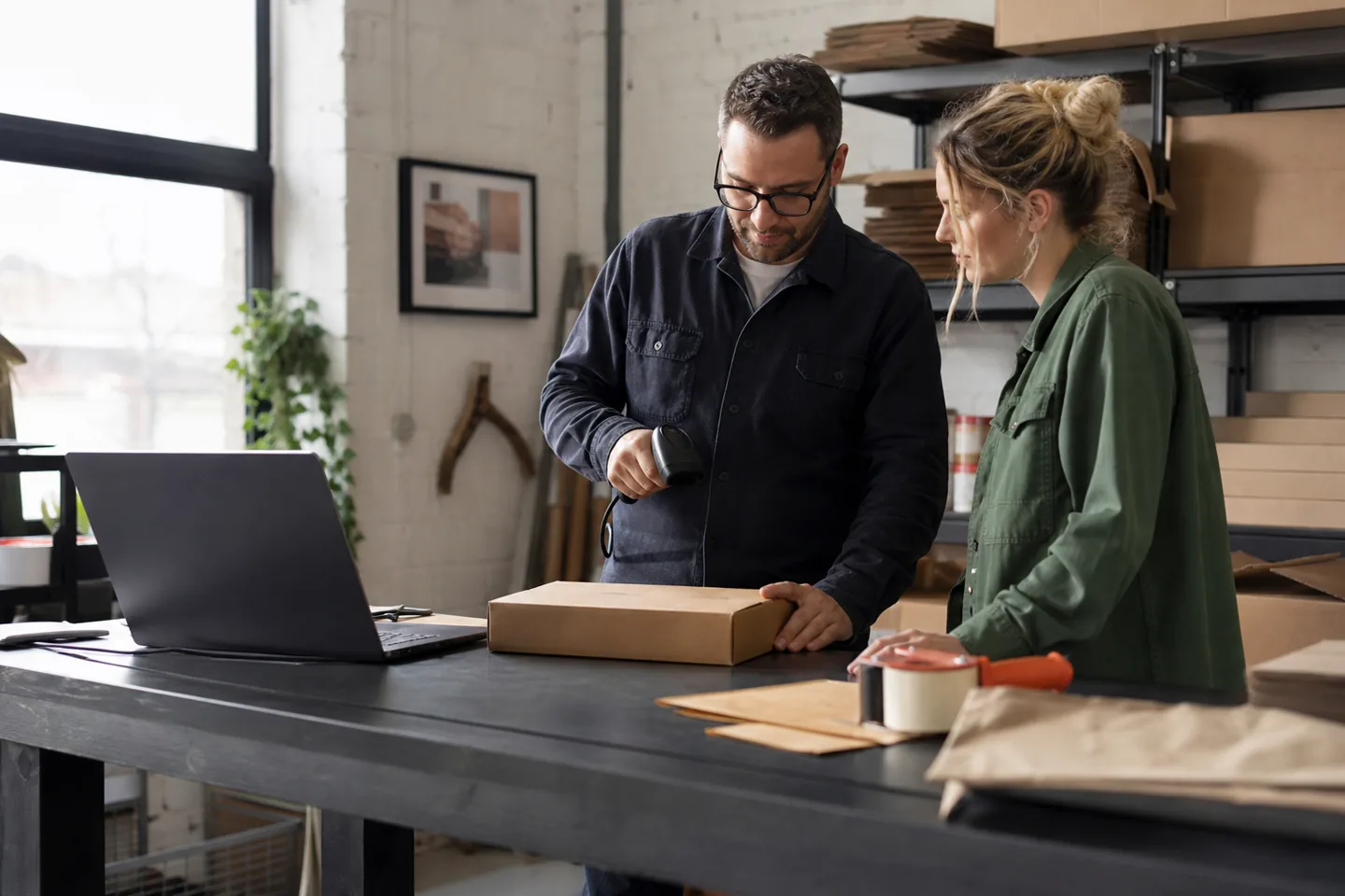 Retailer and developer checking an online order at a packing bench