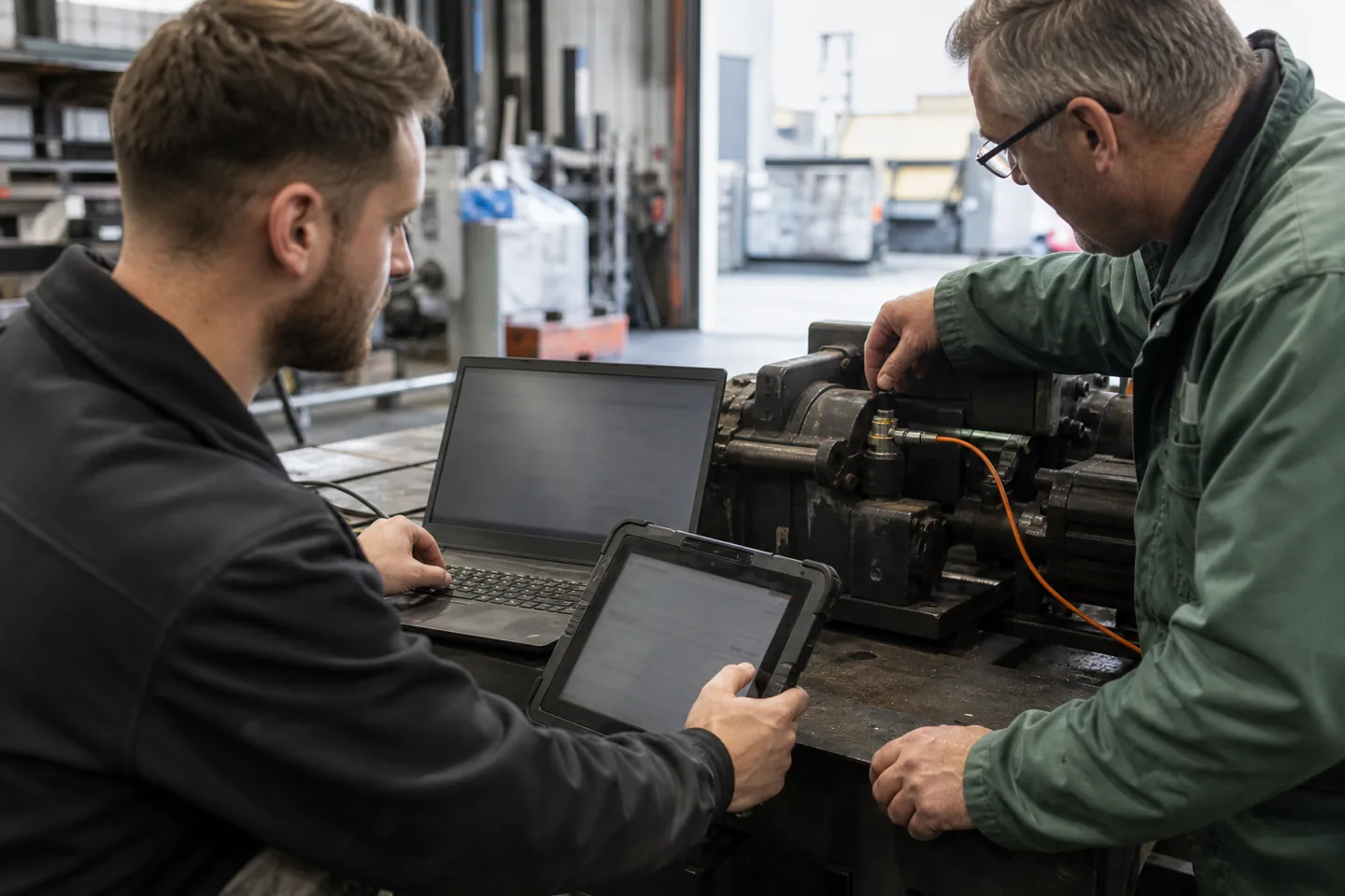 Developer and engineer testing an industrial sensor on a machine