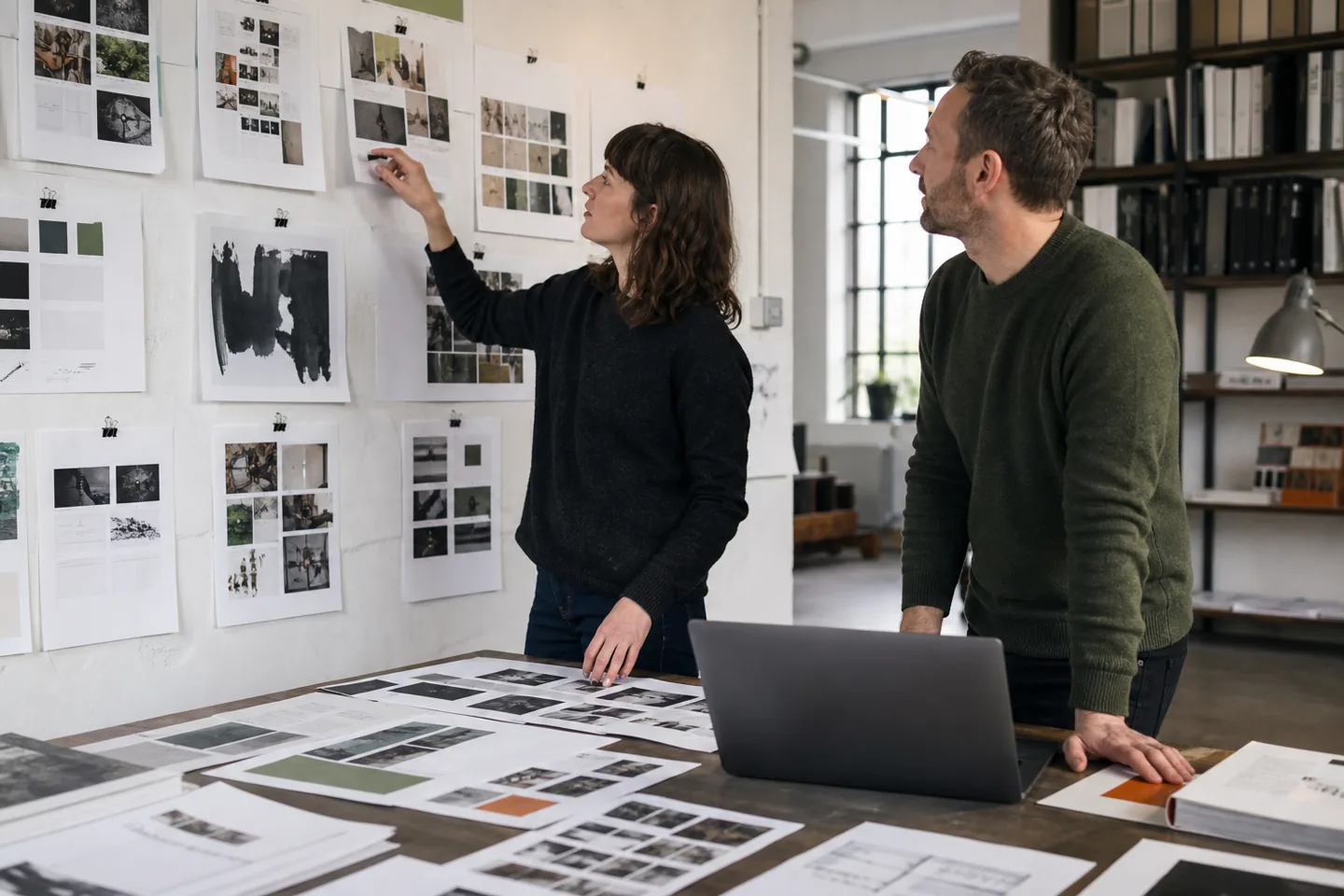 Designer and business owner arranging printed page layouts and image choices