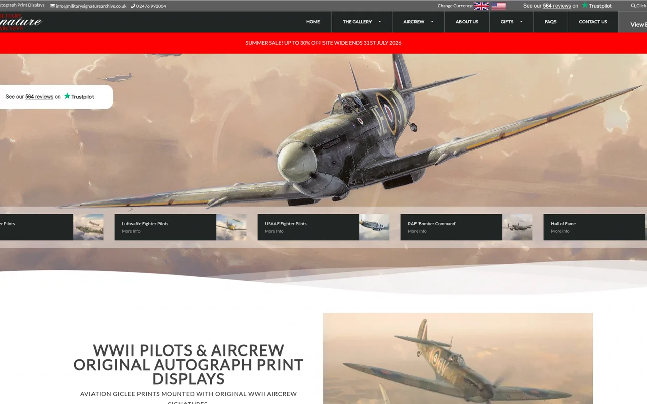 The Military Signature Archive ecommerce website