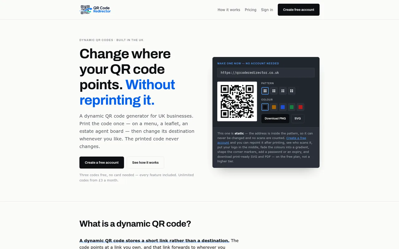 The QR Code Redirector website